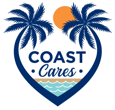 Icon of two palms trees in a shape of a heart. Text: Coast Cares.