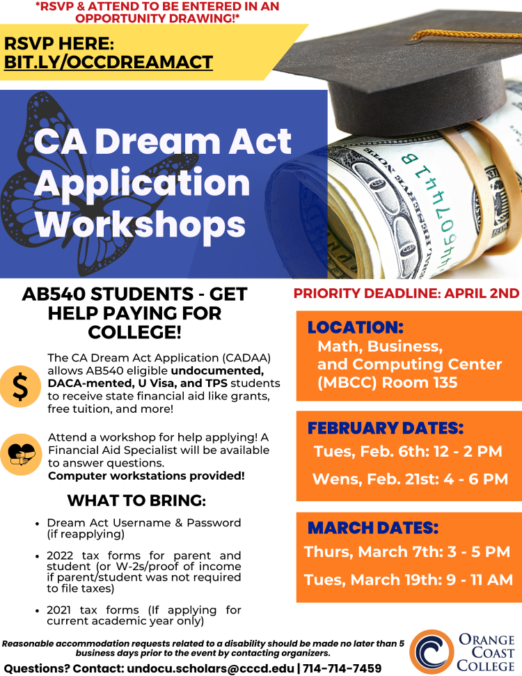 Flyer with information about the CA Dream Act Application Workshops
