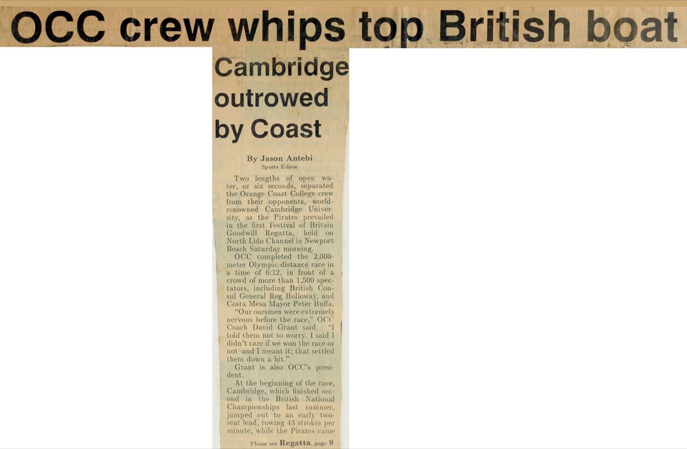 A newspaper clipping reads - OCC crew whips top British boat