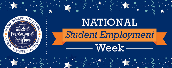 Blue background with stars and streamers. Text: National Student Employment Week.