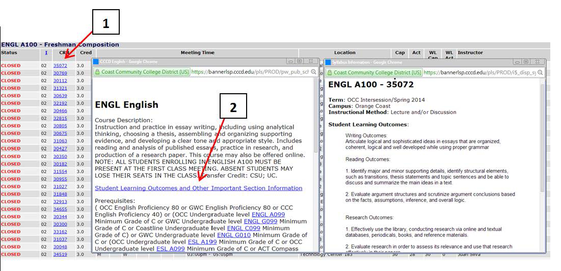 Online class schedule with Box 1 pointing to CRN column & Box 2 pointing to a link in course description window
