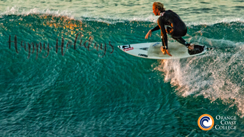 Man surfing on an ocean wave. Text: Happy Holidays