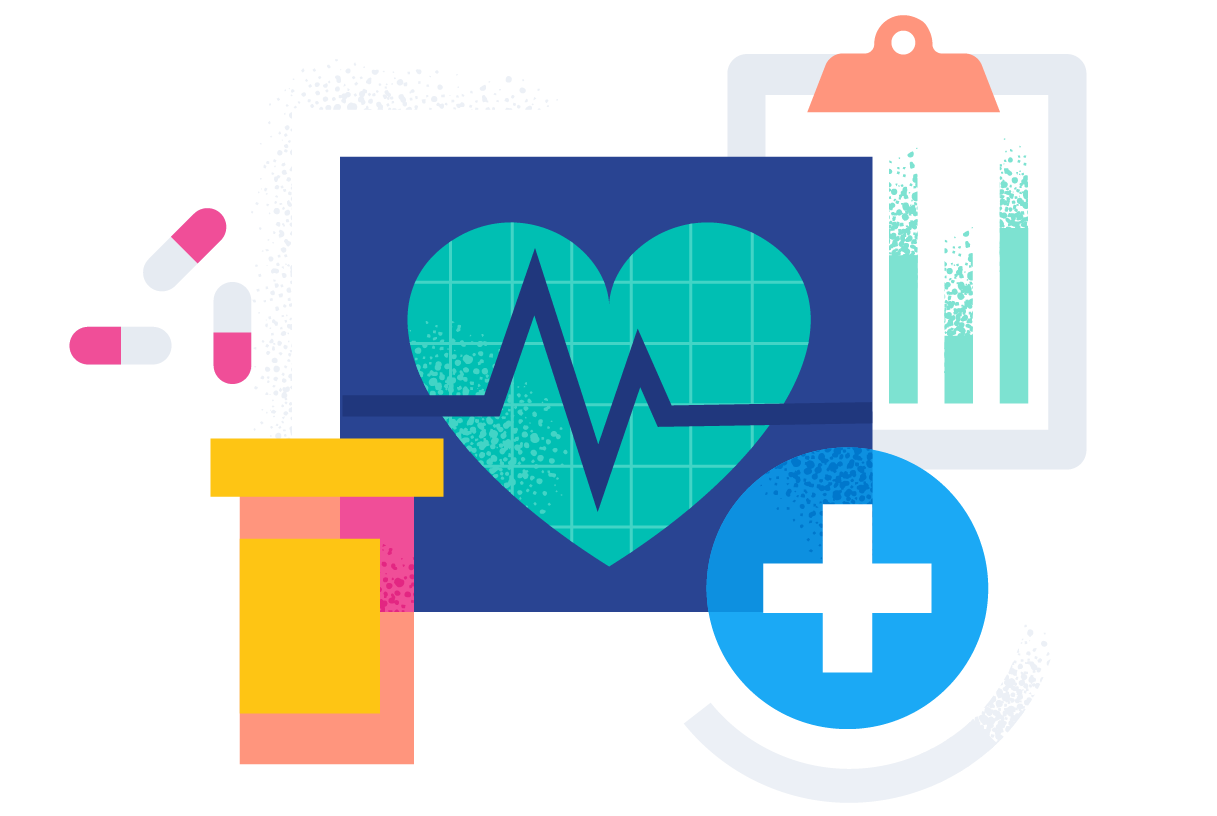 illustration symbolizing healthcare with various health-related items including clipboard and medicine bottle