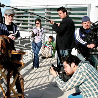 Film crew records an interview