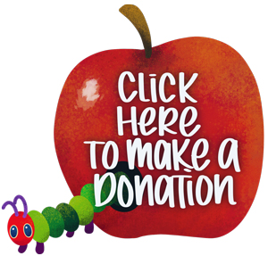 caterpillar coming out of an apple. Text: click here to make a donation.