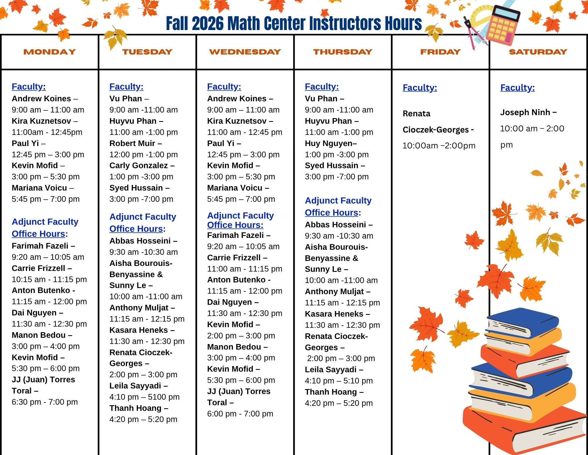 Table of Math Center Intructors Hours
