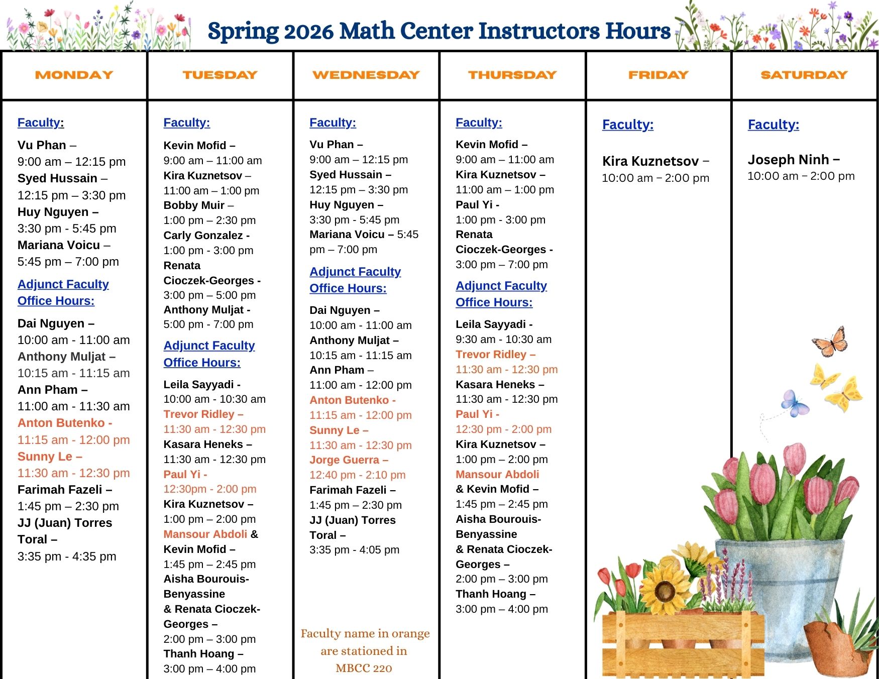 Spring 2026 Math Center Faculty Schedule