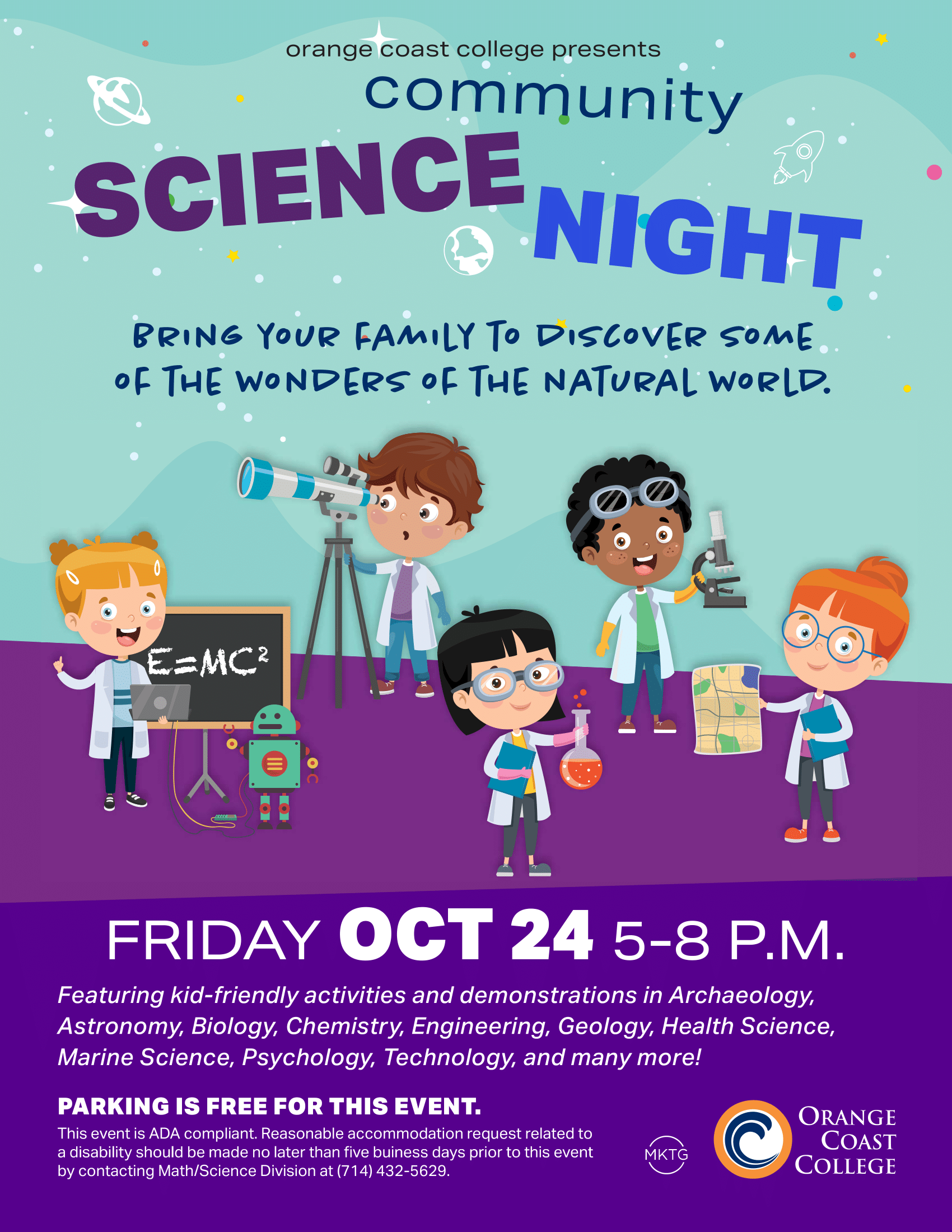 science night flyer with cartoon of young children using various scientific tools