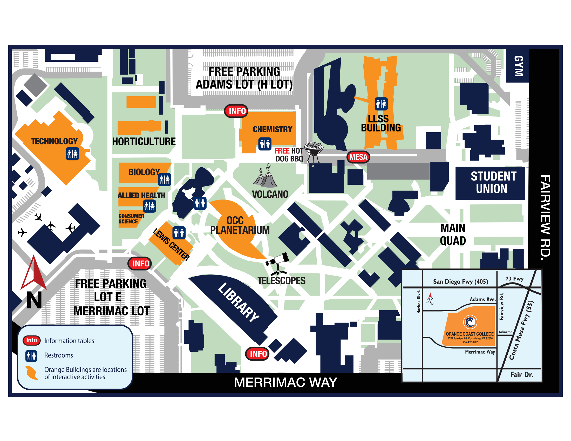 map showing buildings on occ campus hosting science night activities