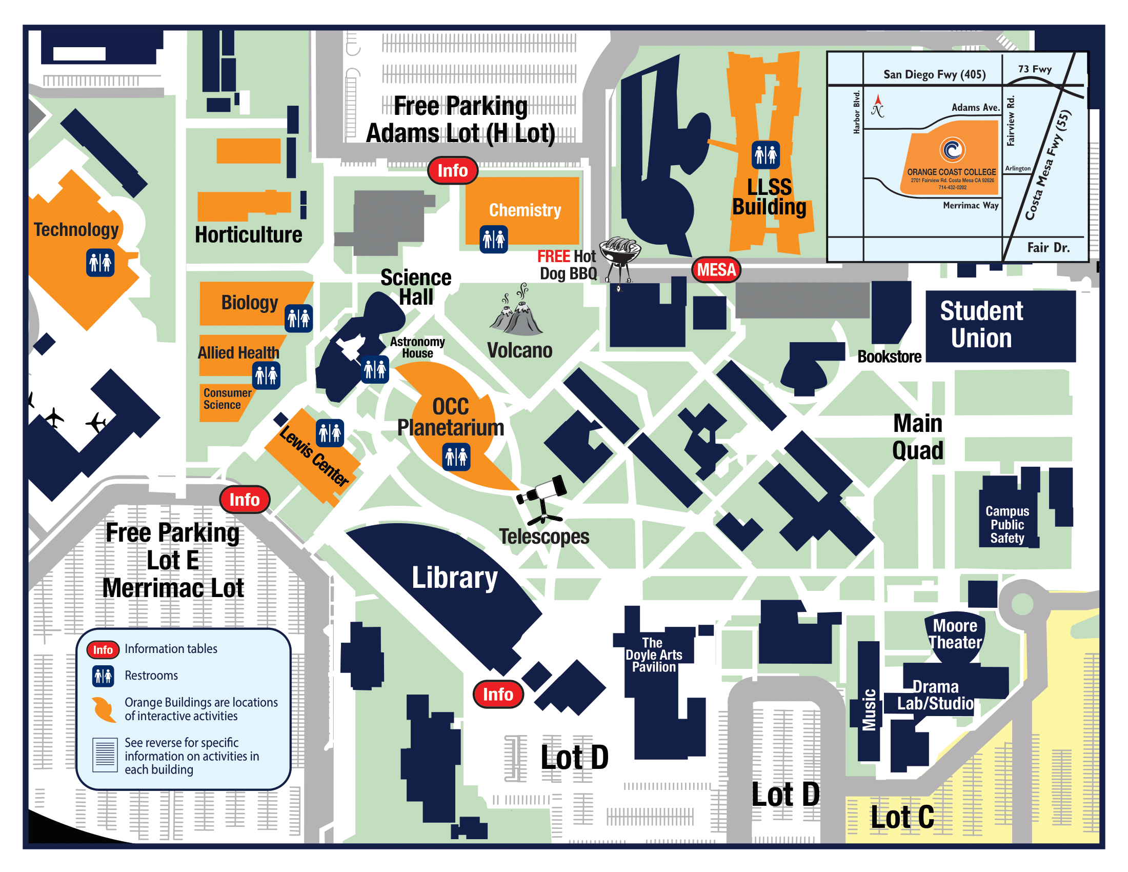 Map of OCC campus highlighting buildings participating in science night