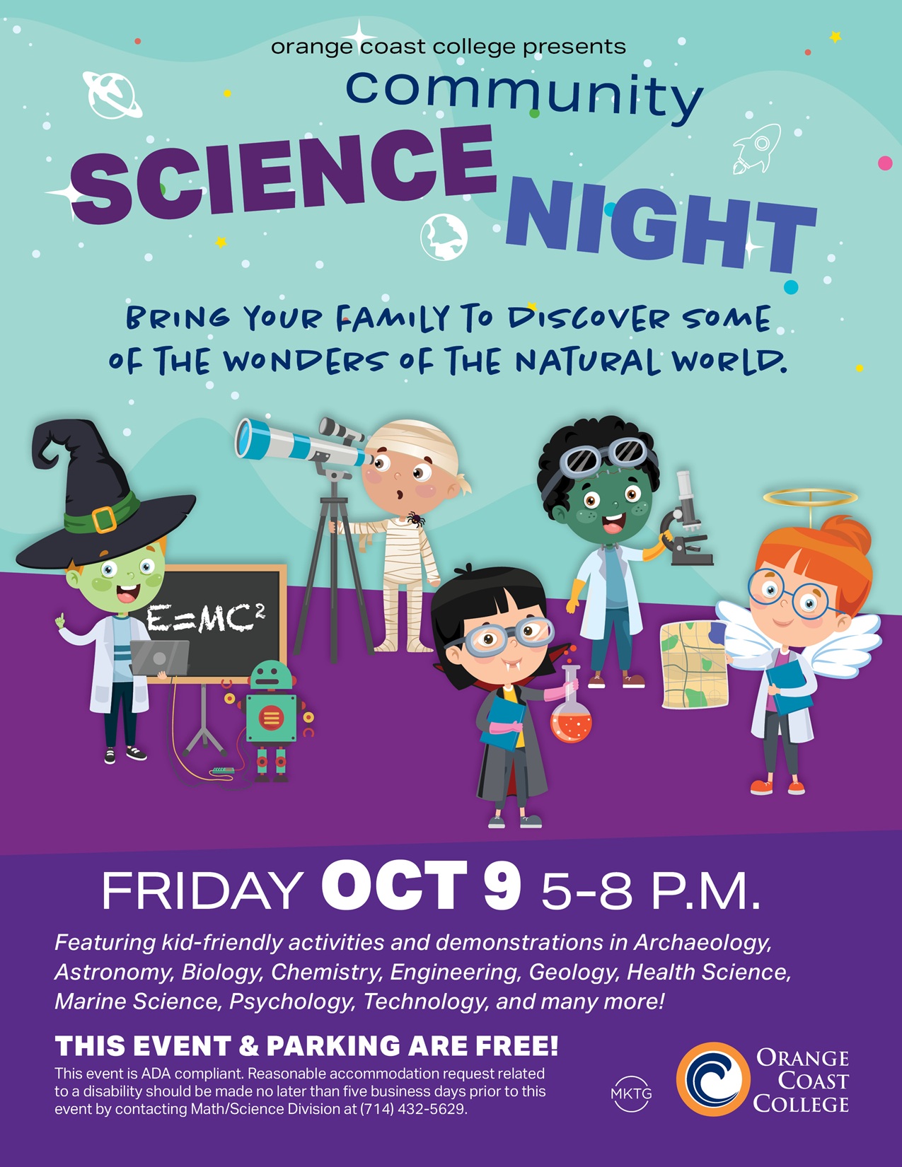 science night flyer with cartoon of young children using various scientific tools