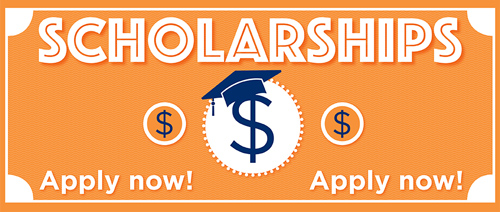 Scholarships! Apply Now! Graphic of dollars signs wearing graduation cap.