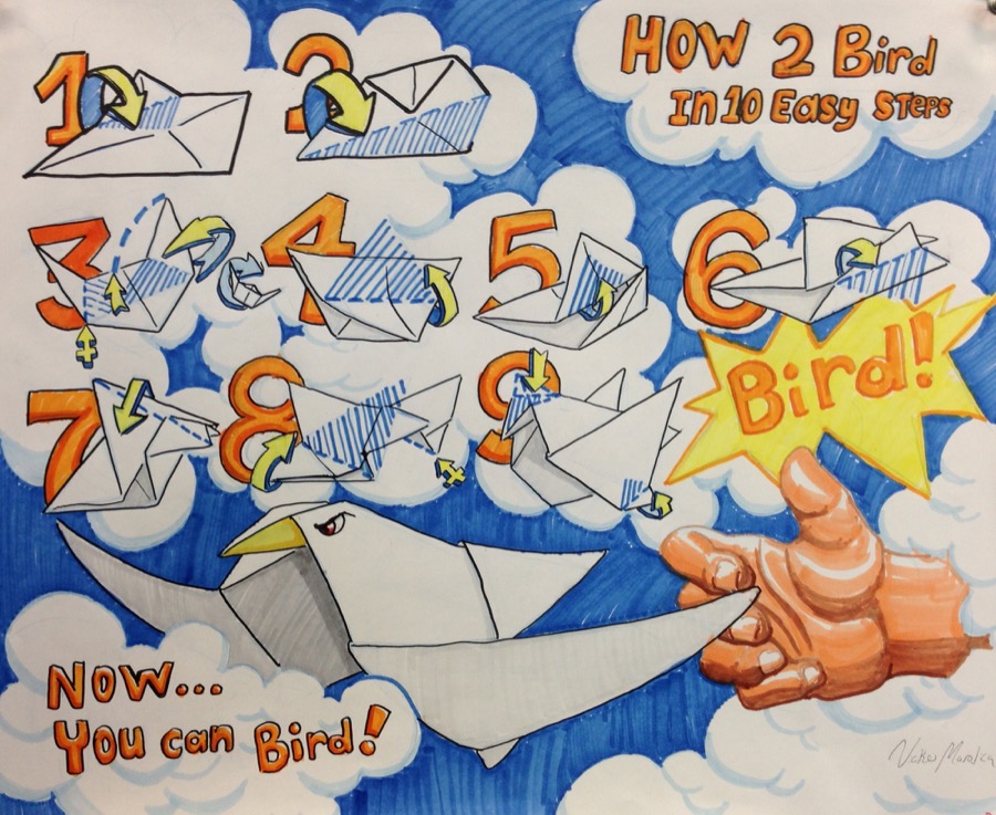 Illustration of making a bird-like paper airplane. Text: How 2 bird in 10 easy steps