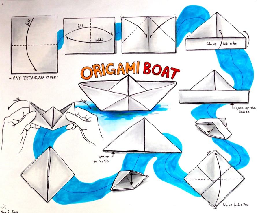Illustration of making origami boat
