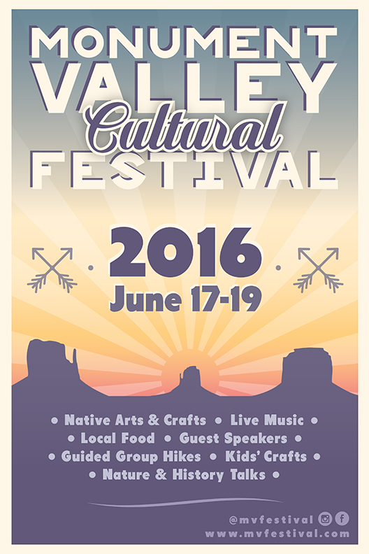 Illustration of a flyer with background of sunset and mountains. Text: Monument Valley Cultural Festival 2016
