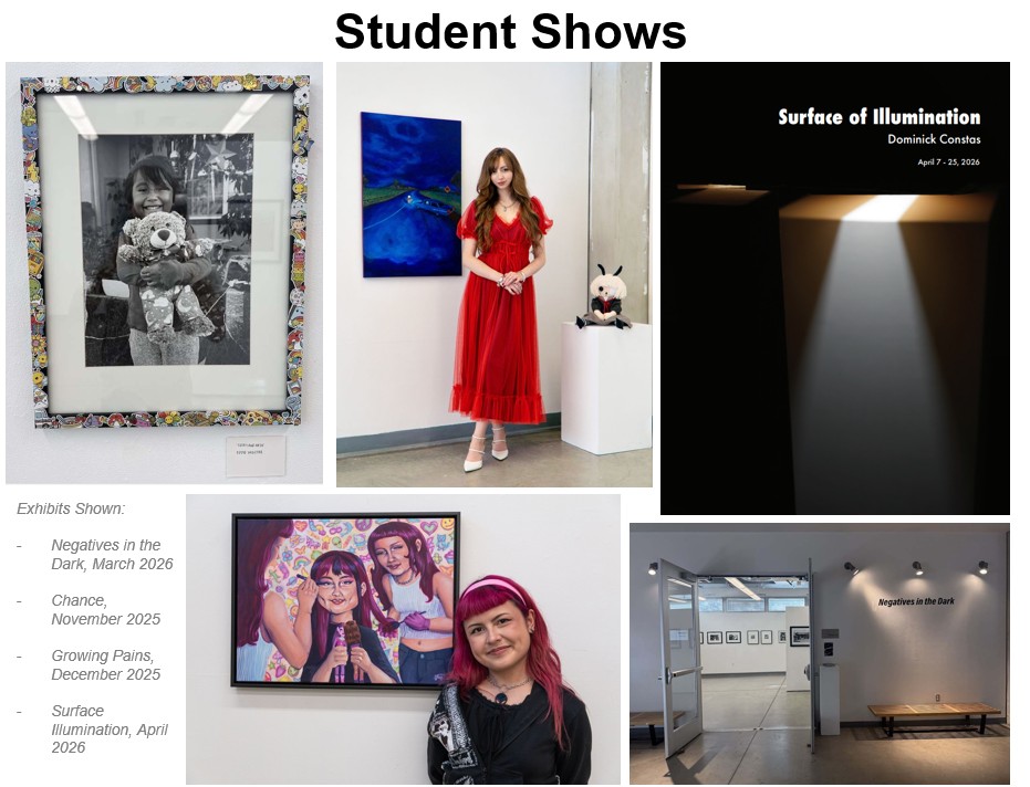 Five pictures of student art exhibits 