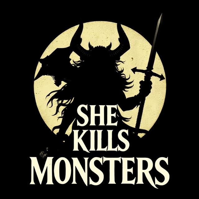 Monster holding a weapon. Text says She Kills Monsters