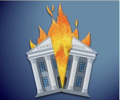 A courthouse in flames