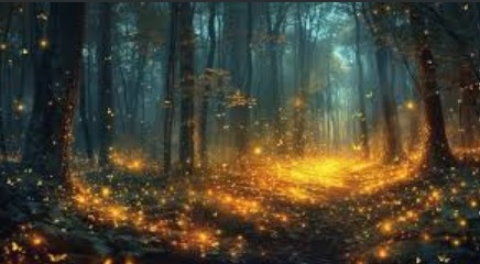 Forest with glowing firefies at night