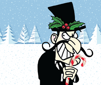 Villain in top hat clutching a candy cane in a snowy forest