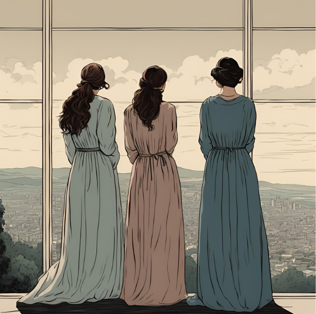 three women look out a window
