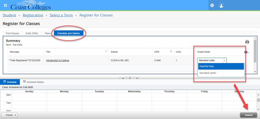Pass/No Pass option under the Grade Mode dropdown on the Registration screen