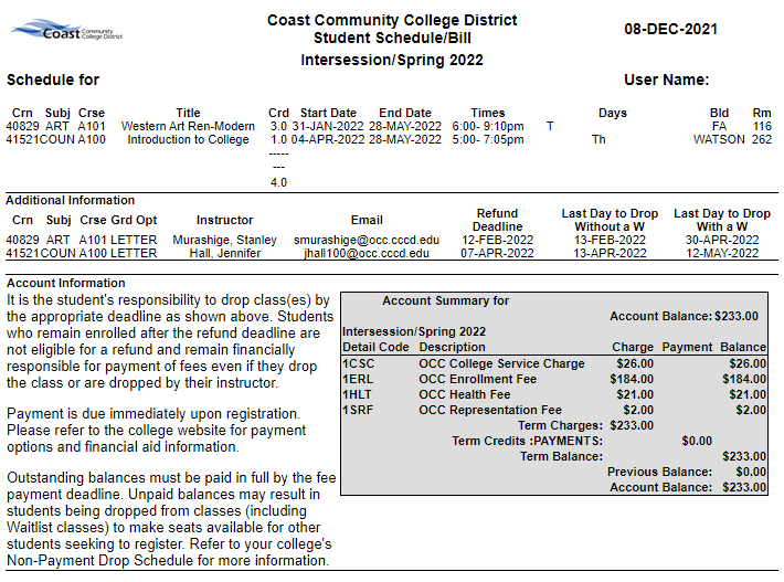 Class Schedule Web Schedule Bill Orange Coast College