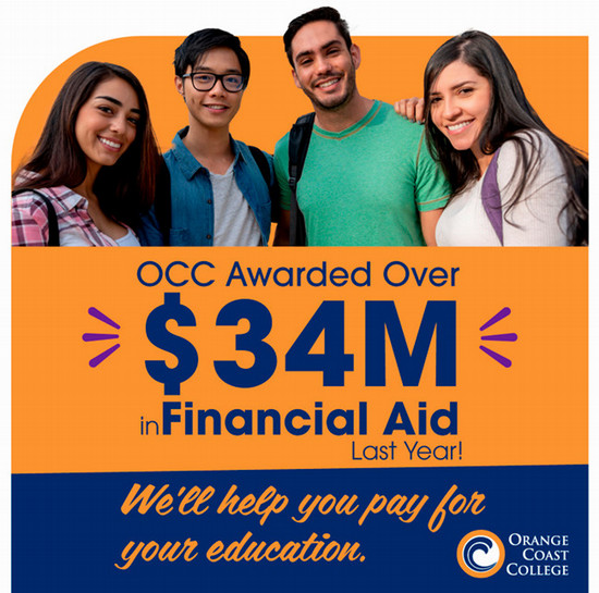 A group of students. Text: OCC awarded over $34M in financial aid last year.