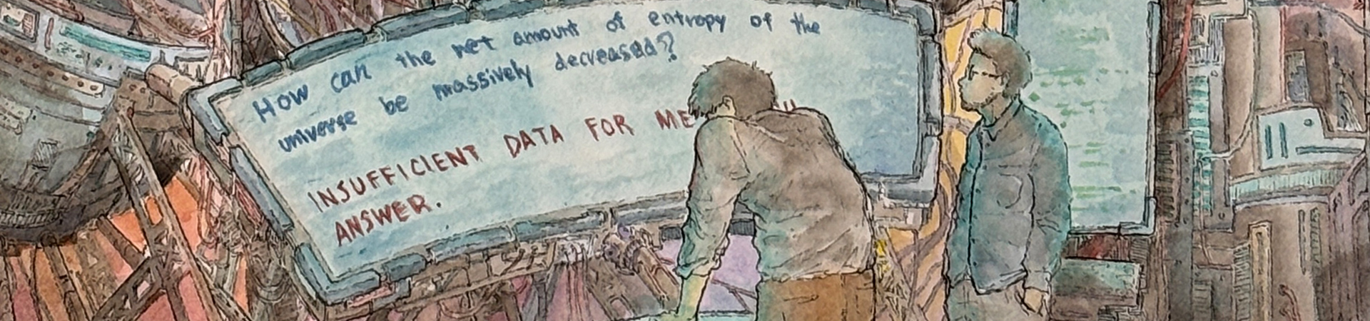 Watercolor-style illustration of two people standing in a cluttered, futuristic interior, facing large glowing screens.