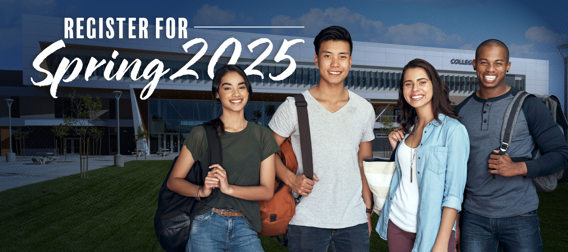 4 students standing in front of the College Center building