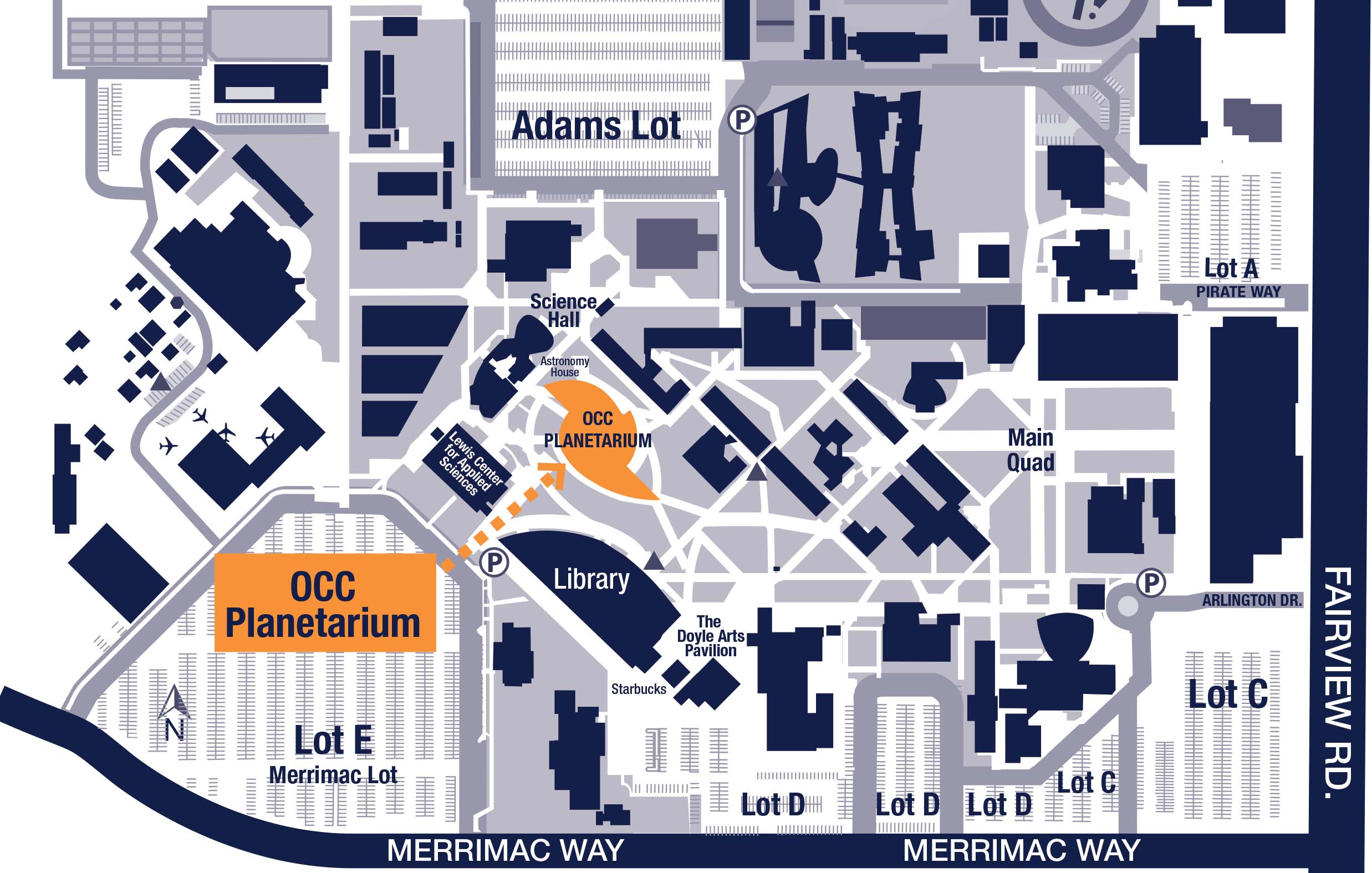 planetarium location marked in orange on the campus map