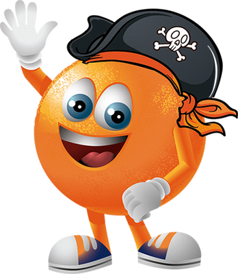 The Swap Meet Orange waving and wearing a pirate hat.