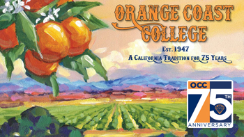 Paintied version of mountains and farmland with hanging orange. Text: Est. 1947 an California Tradition for 75 years.