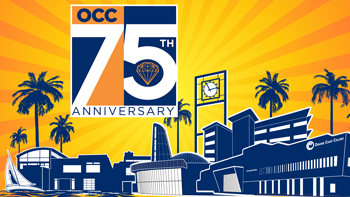 An illustration of campus skyline in blue and orange with 75th Logo