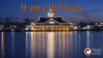 Happy Holiday with background of a boat house with holiday lights