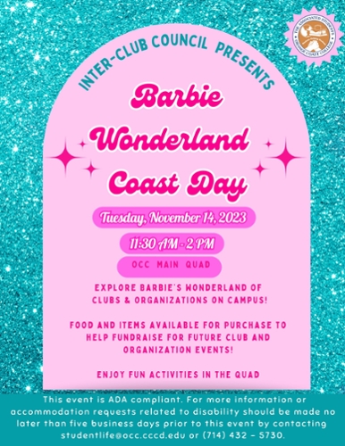 Flyer for Barbieland pink and bright same information that is written on website
