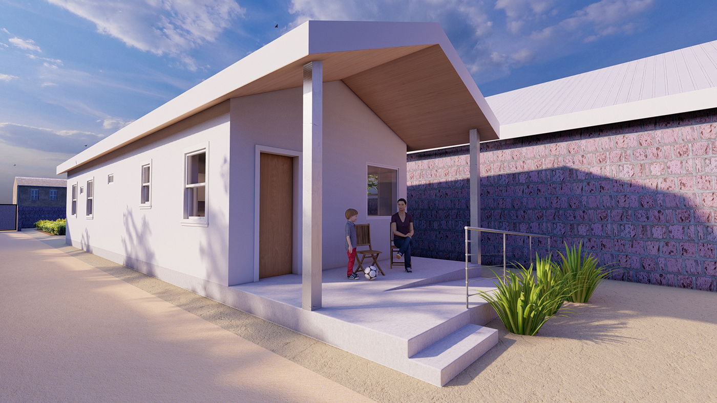 rendering of housing unit with woman sitting in front 