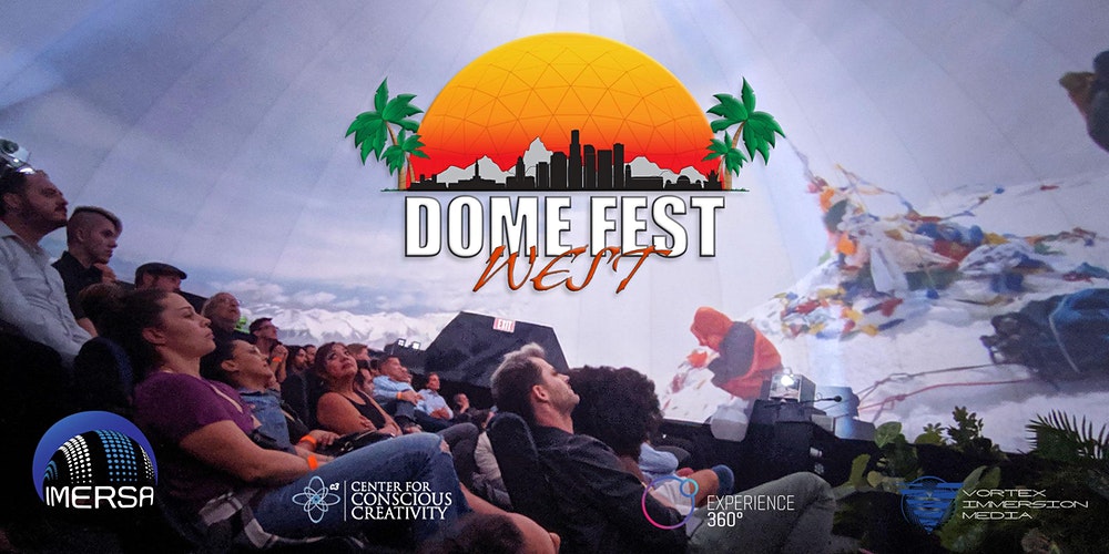 photo of audience looking up toward a domed projector screen with DFW logo in top center