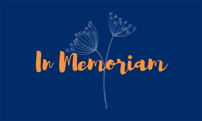 illustration of orange flower against blue background with words in memoriam spelled out in orange