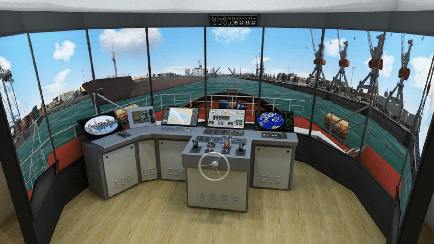 rendered drawing of marine vessel simulator with wheel attached to machine and surrounded by screens