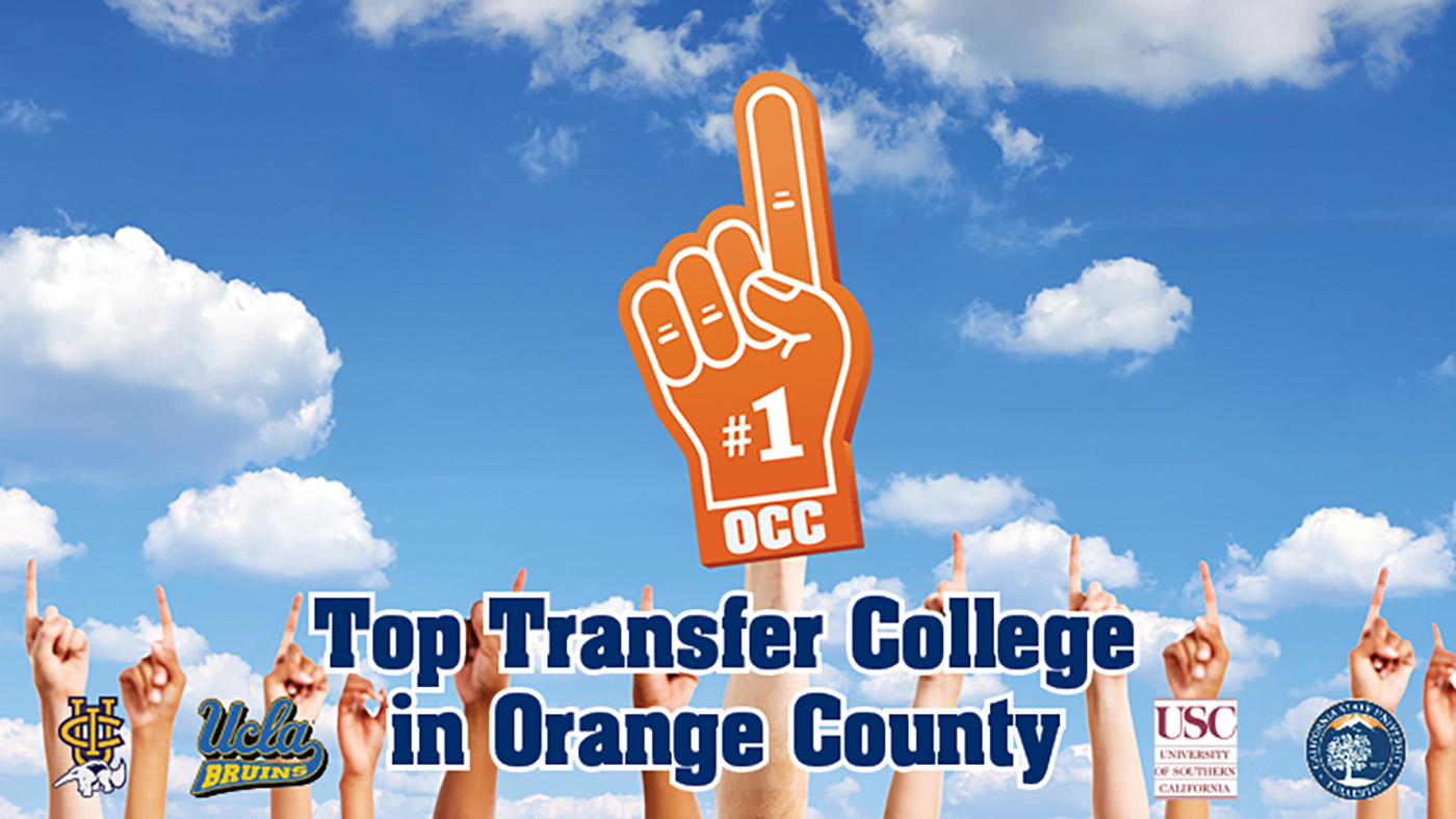 orange foam finger with number 1 OCC written on it against blue sky