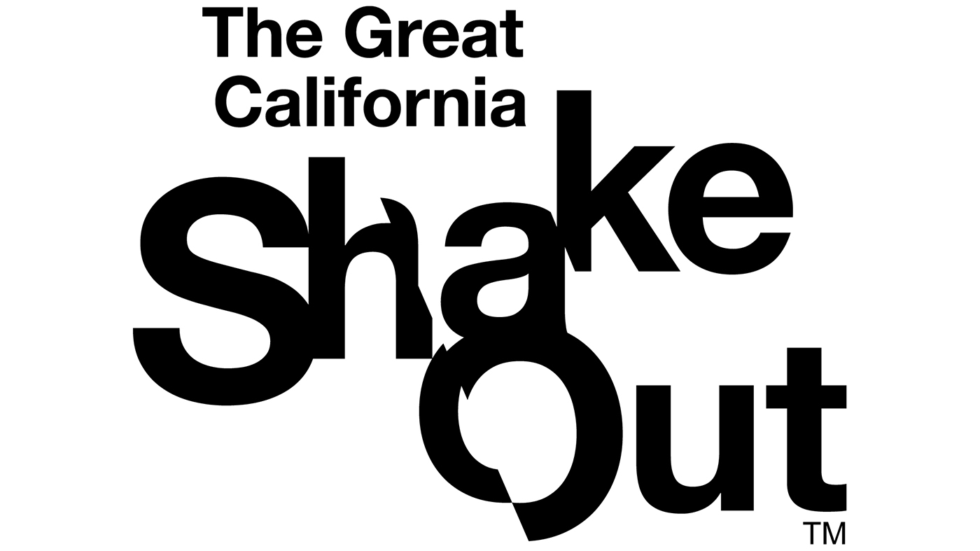 large black letters spelling out the great california shake out with cracks and fissures