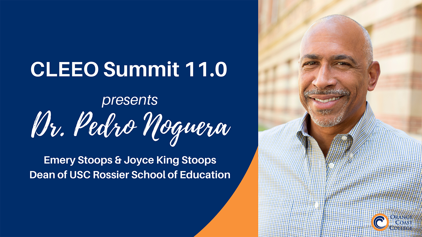 photo of pedro noguera on right side with blue and orange designed on left side with noguera name and title