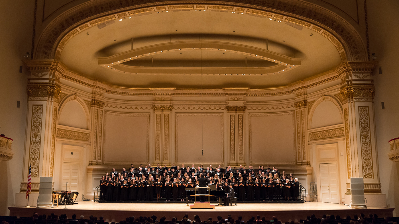 photograph of chamber singers performing onstage at carnegie hall 