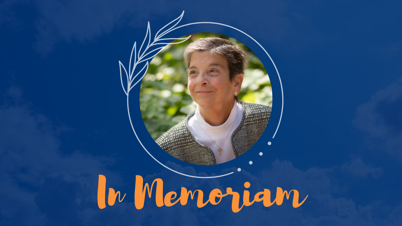 photo of patti mcdonald in a garden looking upward and to the left. photo is set against blue background with floral embellishment and faint cloud pattern. in memoriam is spelled out underneath patti's photo. 