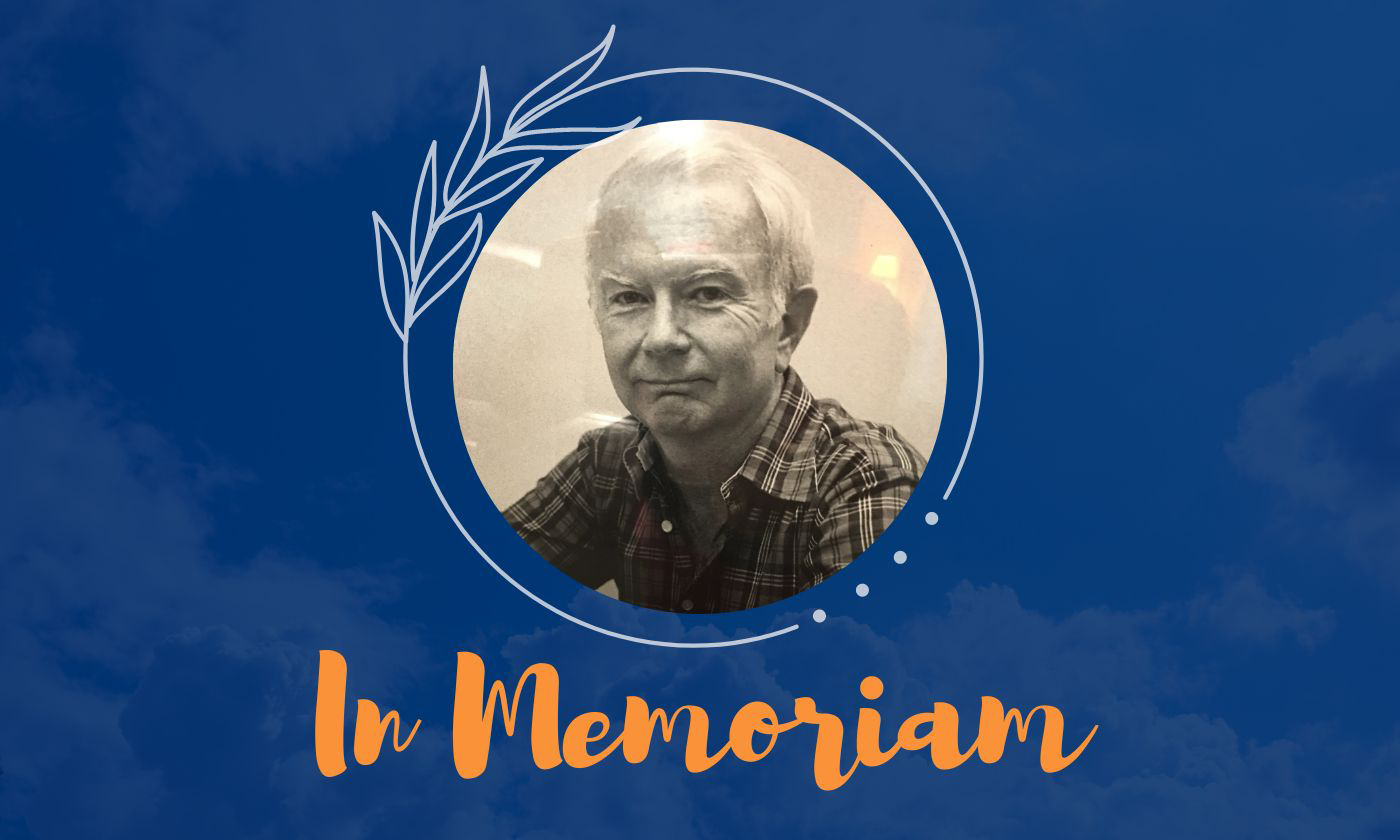 photo of bob hoeppner inside circle with wreath set against blue background with clouds. the words in memoriam are written in orange beneath photo.