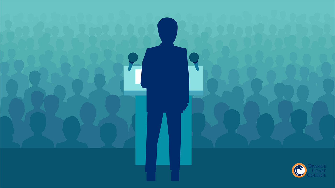 illustration of person standing at podium in front of crowd