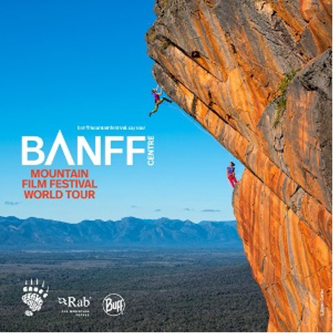 Small ad for Banff Film Festival showing 2 people mountain climbing.