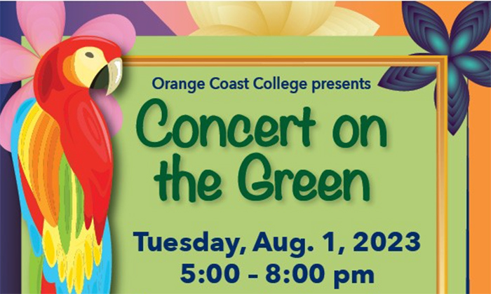 Parrot on the green background. Text: OCC present Concert on the Green, Aug 1, 2023 @ 5pm