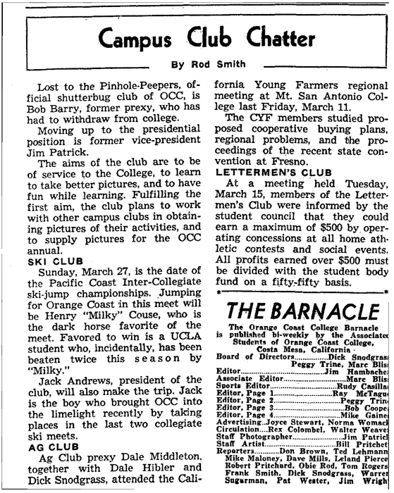 Article from the Barnacle March 1949 titled Campus Club Chatter